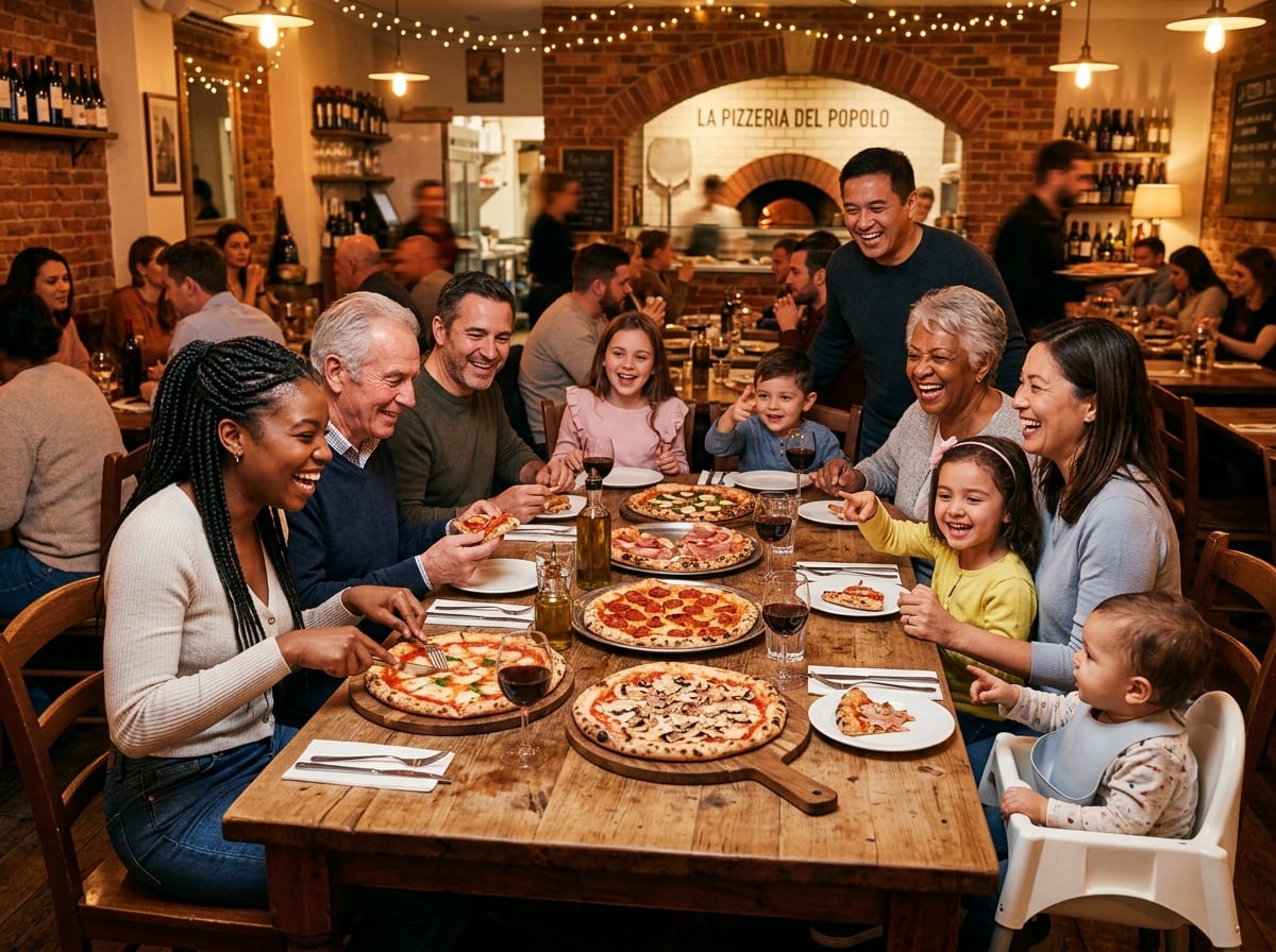 Comunidad disfrutando de pizza en Luna's Pizzeria