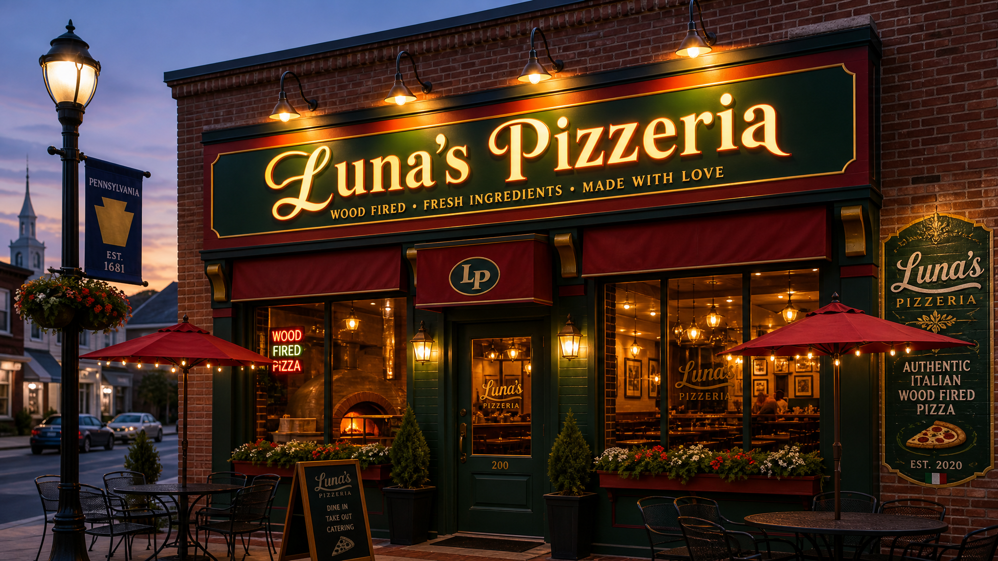 Exterior profesional de una tienda Luna's Pizzeria