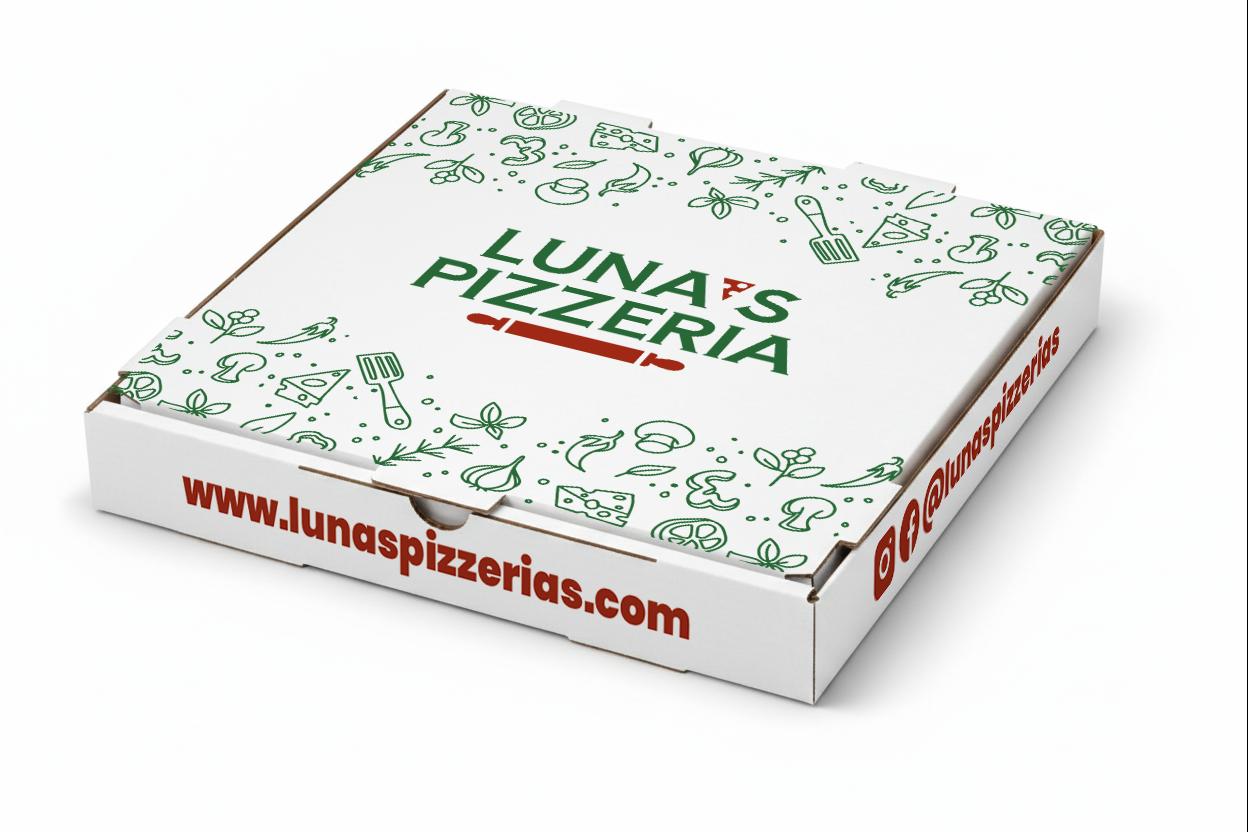 Caja de pizza Luna's Pizzeria con branding profesional